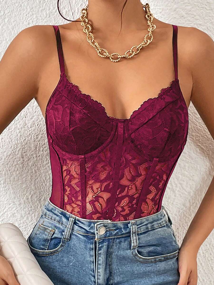 Apricot lace patchwork bodysuit for women featuring contrast corset detailing and spaghetti straps.