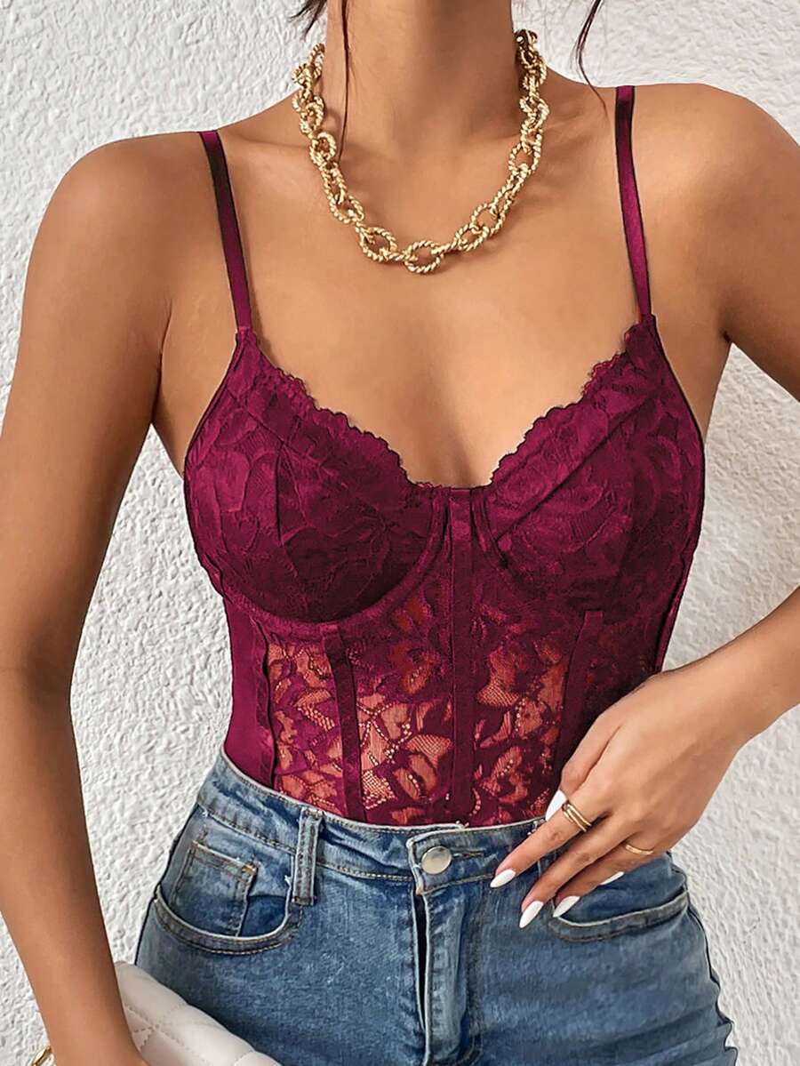 Apricot lace patchwork bodysuit for women featuring contrast corset detailing and spaghetti straps.