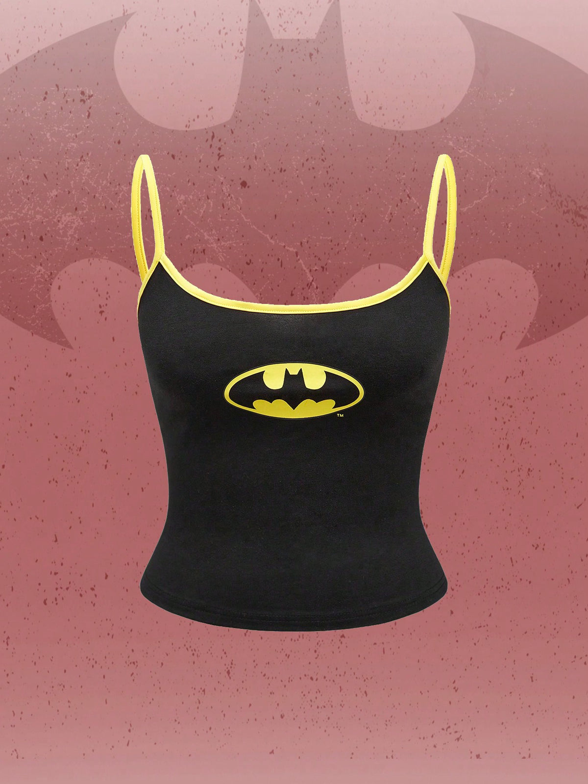 Black ribbed cropped cami top featuring a white bat graphic print on the front with spaghetti straps and contrast binding trim.