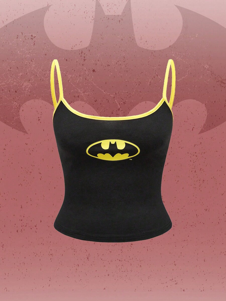 Black ribbed cropped cami top featuring a white bat graphic print on the front with spaghetti straps and contrast binding trim.