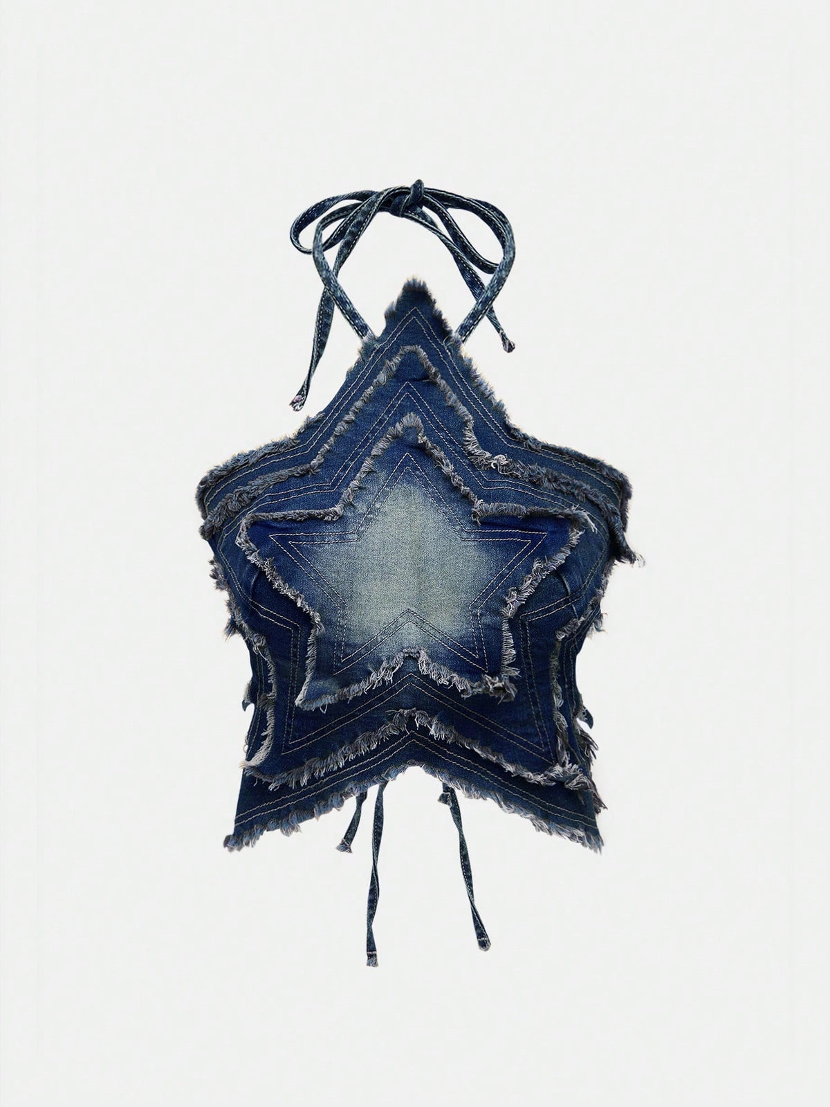 Blue denim halter tank top for women featuring distressed star patch detail, asymmetrical crop hem, and backless tie-back design.