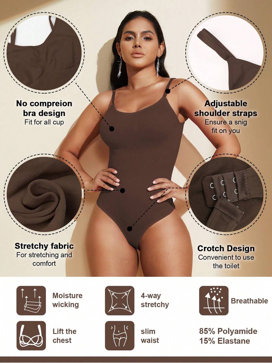 Brown seamless shapewear bodysuit featuring backless design, thong bottom, non-removable padding, and high-stretch fabric for tummy and waist control.