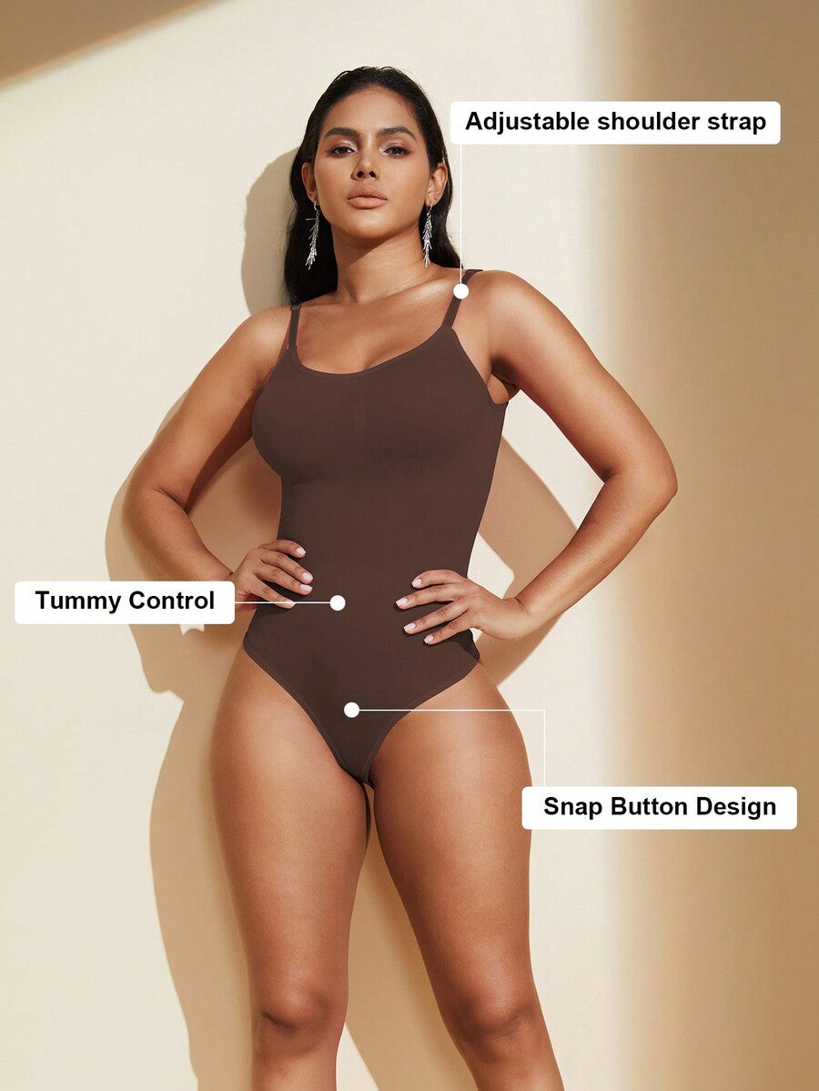 Brown seamless shapewear bodysuit featuring backless design, thong bottom, non-removable padding, and high-stretch fabric for tummy and waist control.
