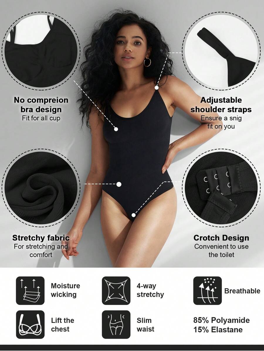 Brown seamless shapewear bodysuit featuring backless design, thong bottom, non-removable padding, and high-stretch fabric for tummy and waist control.