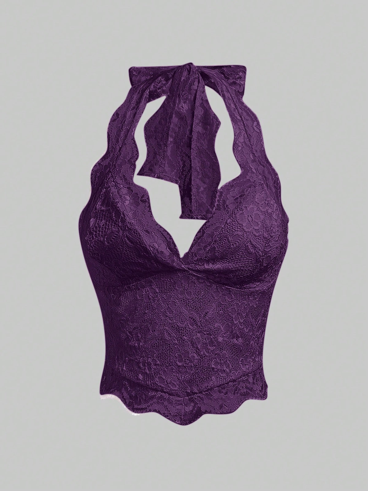 Women's black lace halter neck camisole featuring a backless crop silhouette, contrast lace trim, and scallop hem.