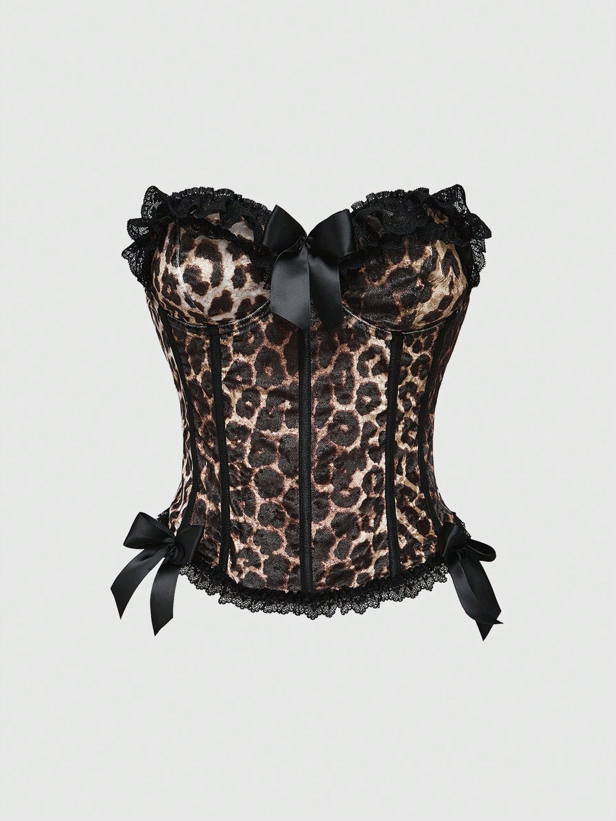 Brown leopard print strapless tube top for women featuring lace patchwork trim, front lace-up grommets, and a slim micro crop fit.