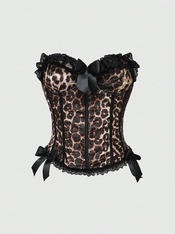Brown leopard print strapless tube top for women featuring lace patchwork trim, front lace-up grommets, and a slim micro crop fit.