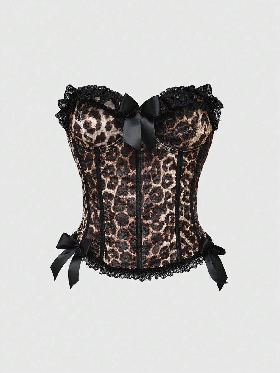 Brown leopard print strapless tube top for women featuring lace patchwork trim, front lace-up grommets, and a slim micro crop fit.