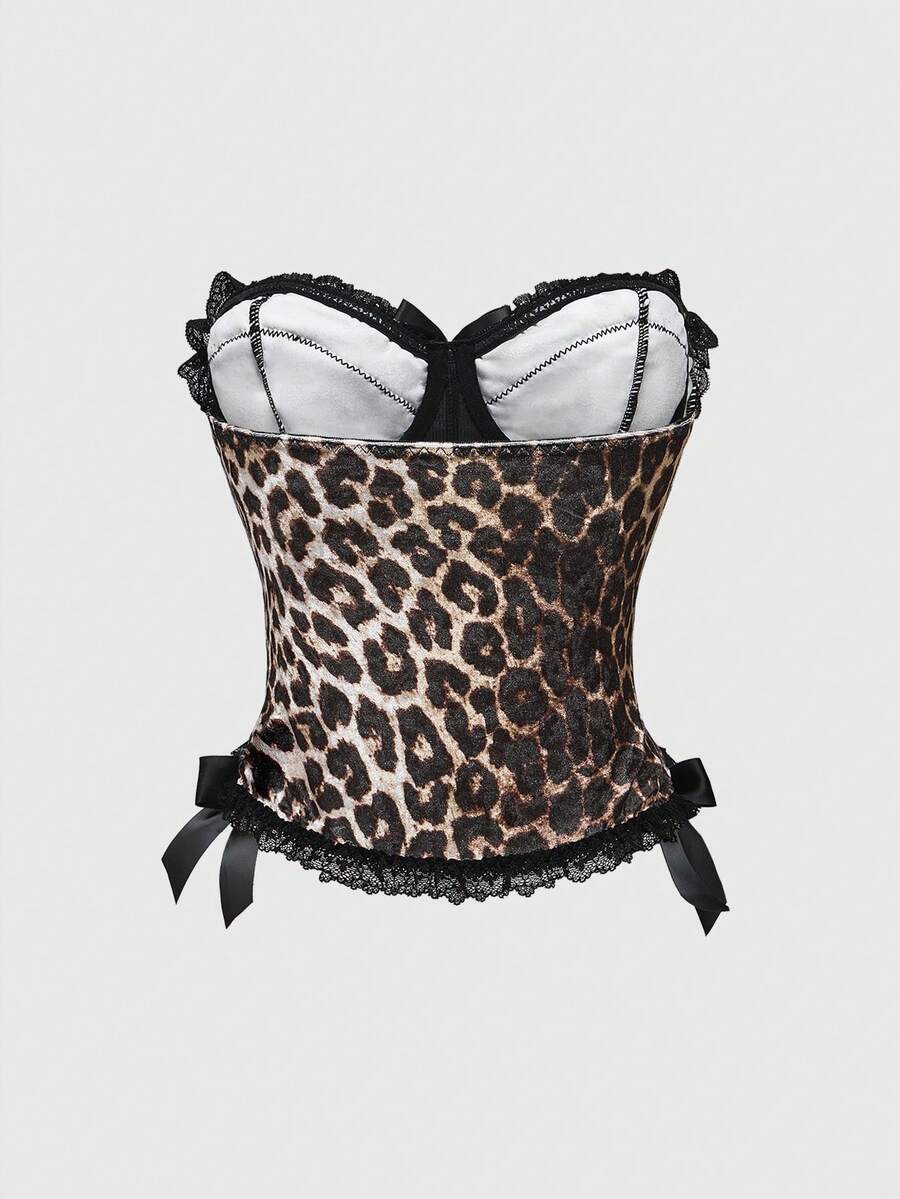Brown leopard print strapless tube top for women featuring lace patchwork trim, front lace-up grommets, and a slim micro crop fit.