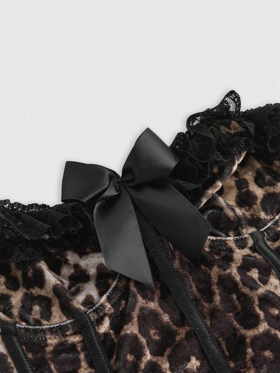 Brown leopard print strapless tube top for women featuring lace patchwork trim, front lace-up grommets, and a slim micro crop fit.