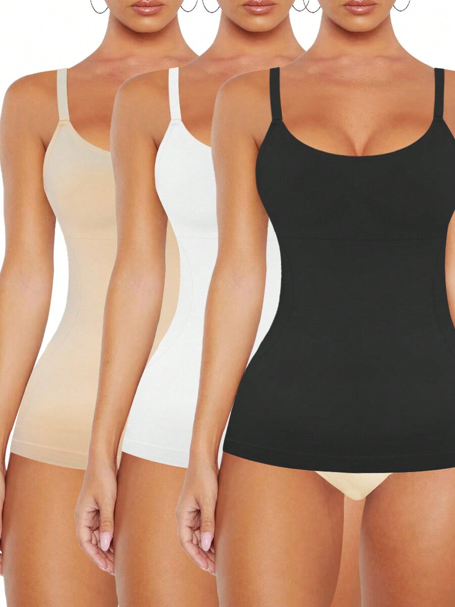Seamless tummy control tank top body shaper for women featuring a scoop neckline, adjustable shoulder straps, and targeted waist compression.