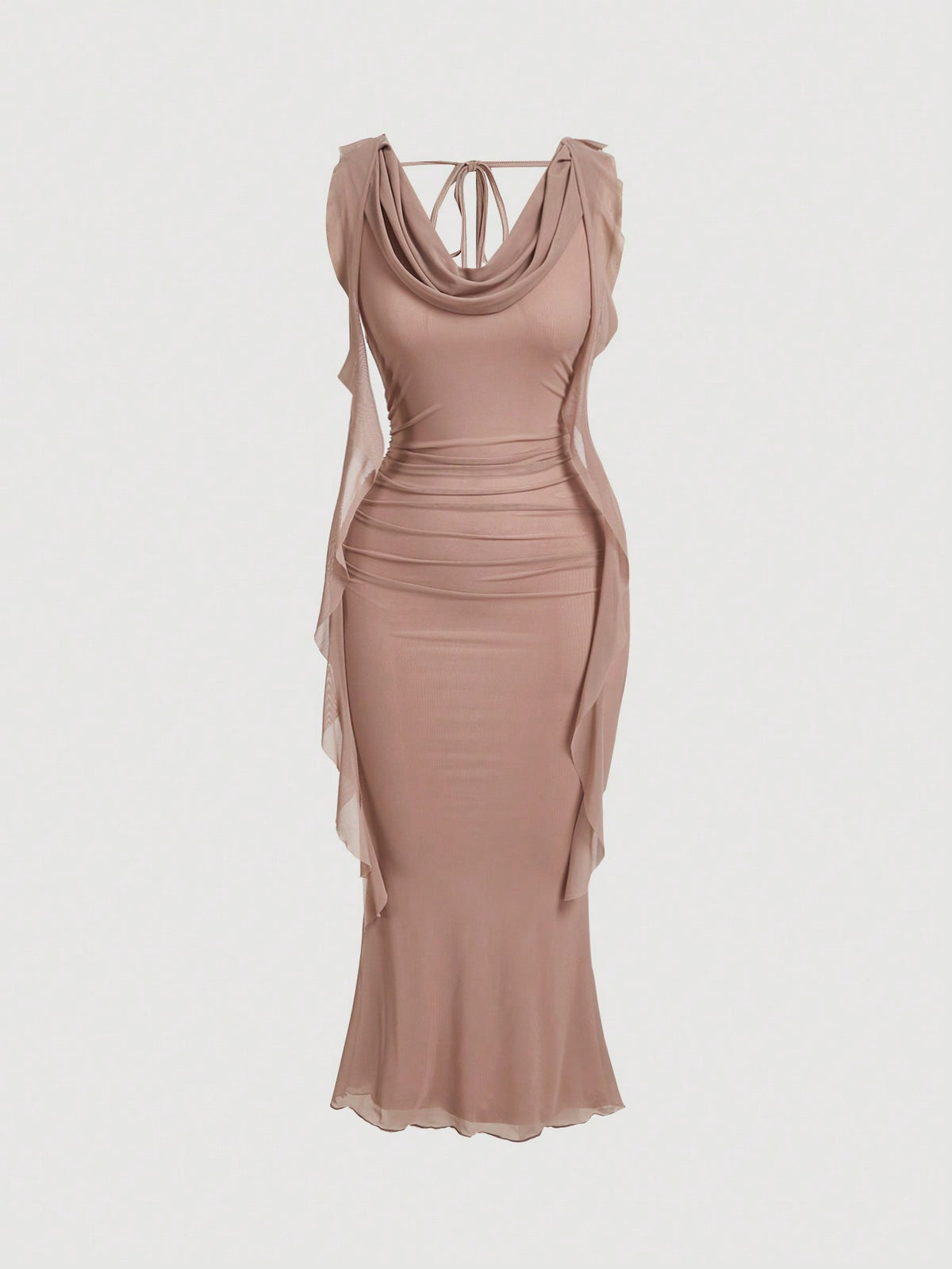 Sleeveless black cowl neck midi bodycon dress for women featuring a draped silhouette, split thigh detail, and slim fit knitted fabric.