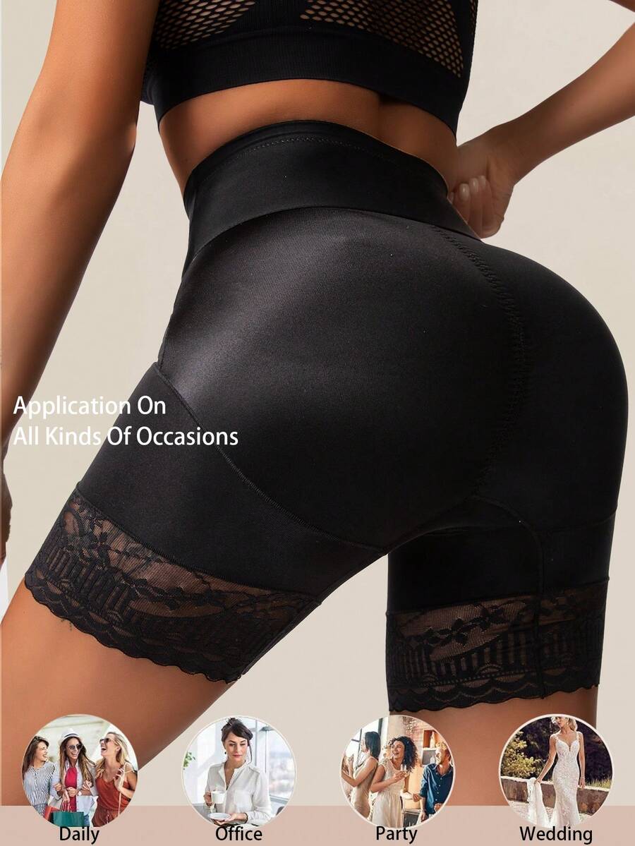 Black seamless high waist shapewear panty for women featuring tummy control, waist slimming design, and delicate contrast lace trim.