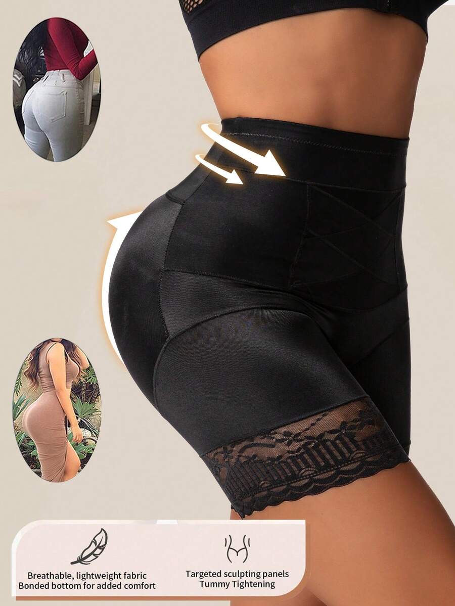 Black seamless high waist shapewear panty for women featuring tummy control, waist slimming design, and delicate contrast lace trim.