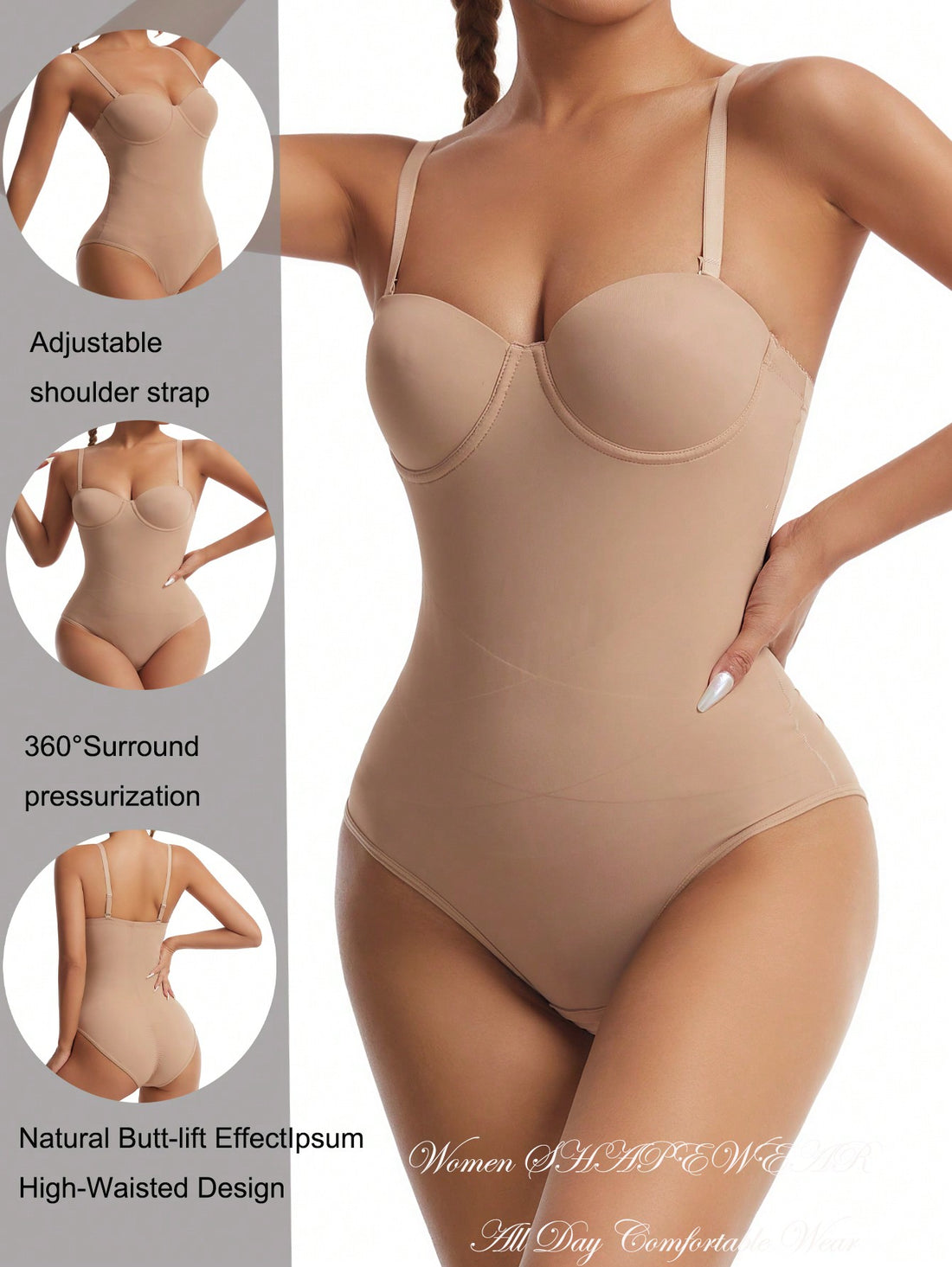 EasyFave women's apricot shapewear bodysuit jumpsuit with cup detail, long leg length, and knitted fabric.
