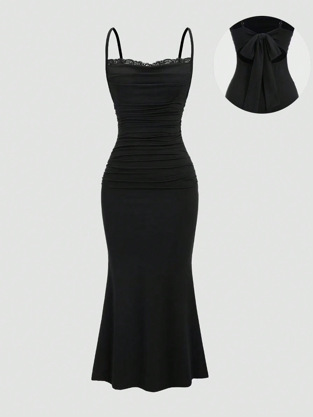 Women's black maxi evening dress featuring spaghetti straps, contrast lace trim, ruched backless design, and a slim fit mermaid hem.