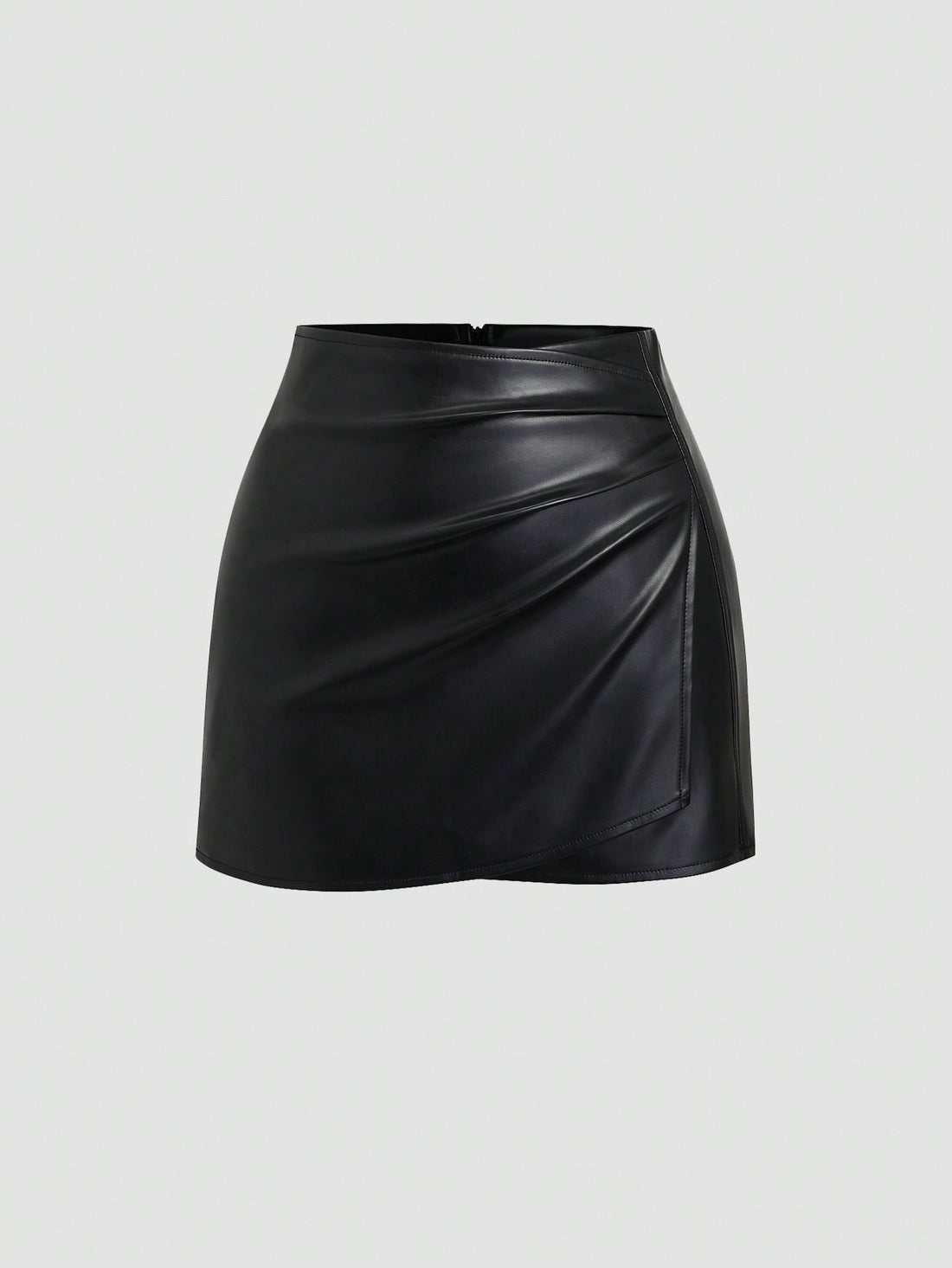 Women's black PU leather mini skort featuring a ruched asymmetrical wrap design with zipper closure.