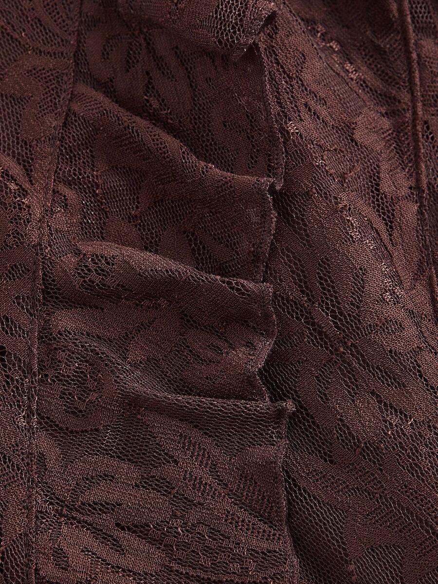 Women's brown ruffled lace midi skirt featuring high waist design and split thigh detail