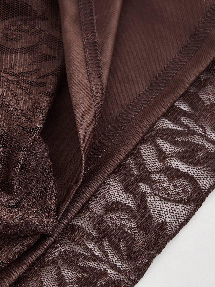 Women's brown ruffled lace midi skirt featuring high waist design and split thigh detail