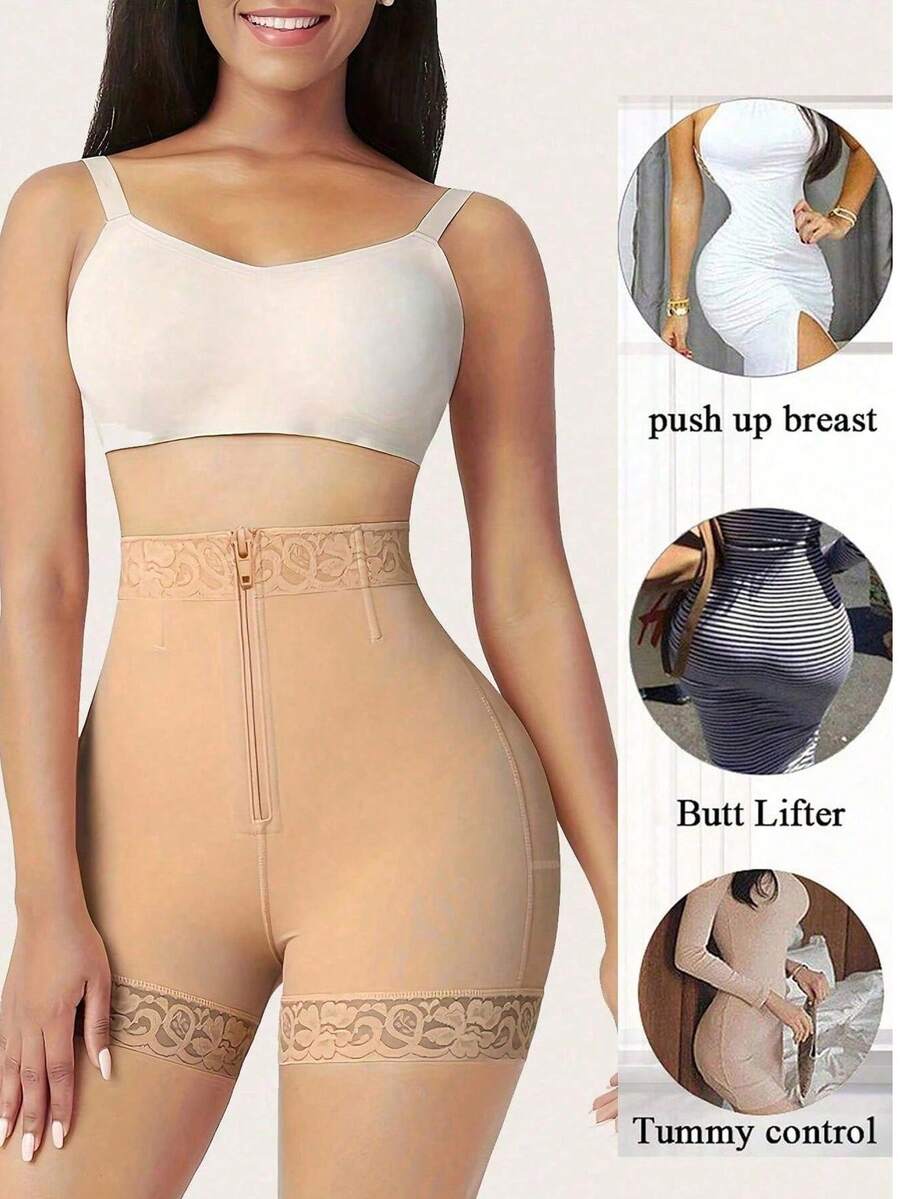 Black high waist butt lifting shapewear shorts made from mesh fabric with contrast lace trim and a front zipper for tummy and thigh shaping.