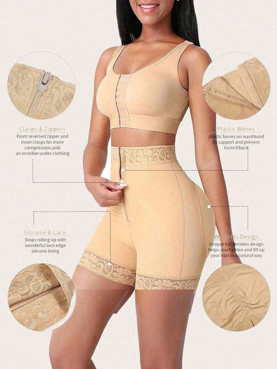 Black high waist butt lifting shapewear shorts made from mesh fabric with contrast lace trim and a front zipper for tummy and thigh shaping.