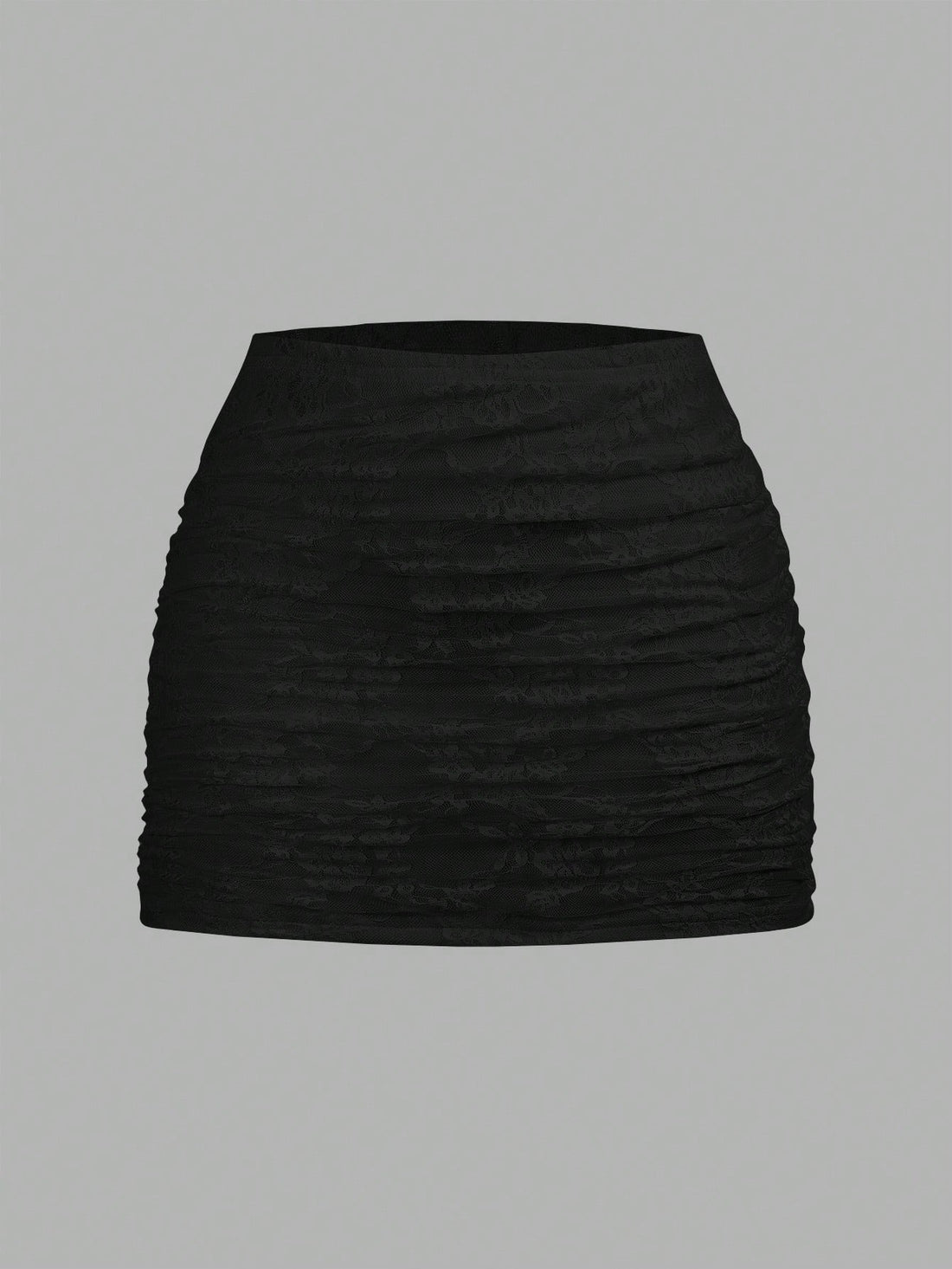 Women's black floral lace mini skirt featuring a ruched bodycon design, mid waist, and high stretch lined fabric.