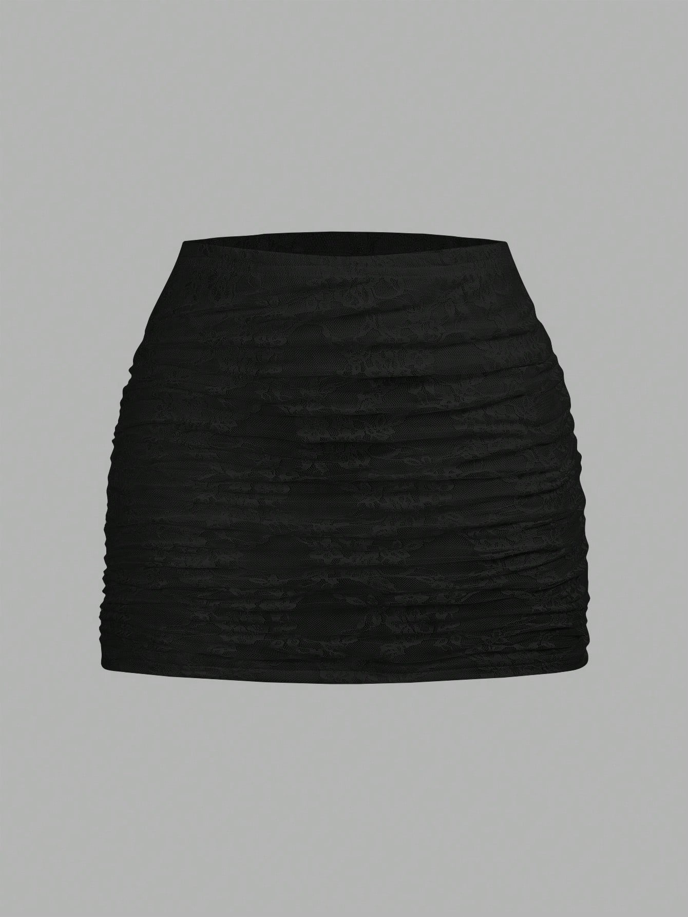 Women's black floral lace mini skirt featuring a ruched bodycon design, mid waist, and high stretch lined fabric.