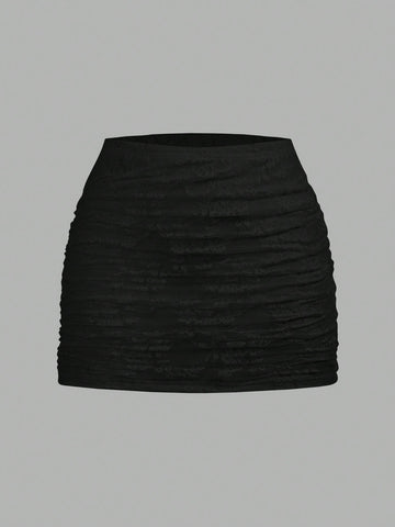 Women's black floral lace mini skirt featuring a ruched bodycon design, mid waist, and high stretch lined fabric.