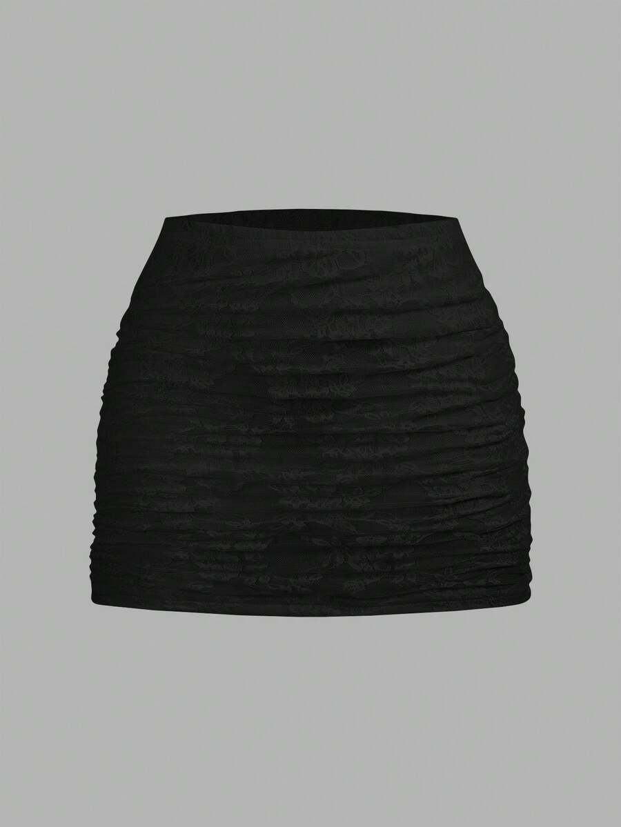 Women's black floral lace mini skirt featuring a ruched bodycon design, mid waist, and high stretch lined fabric.