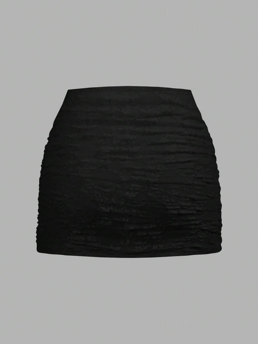 Women's black floral lace mini skirt featuring a ruched bodycon design, mid waist, and high stretch lined fabric.