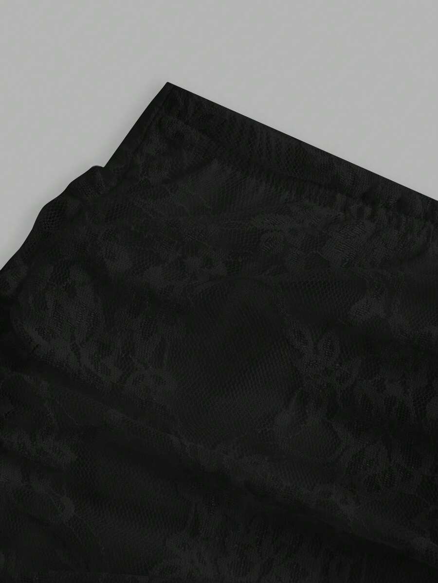 Women's black floral lace mini skirt featuring a ruched bodycon design, mid waist, and high stretch lined fabric.