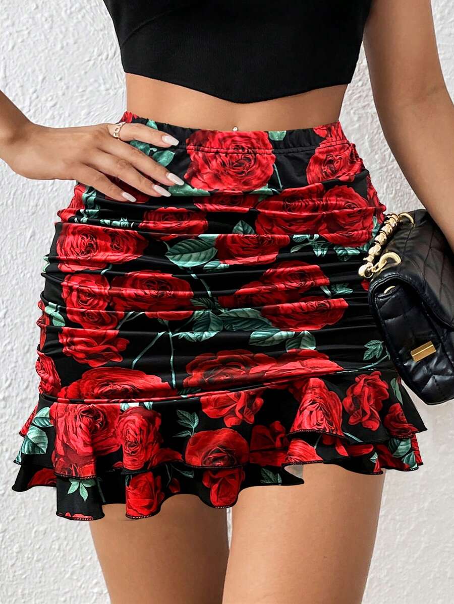 Black high waist ruched bodycon mini skirt featuring a tiered ruffle hem and skinny casual fit for women.