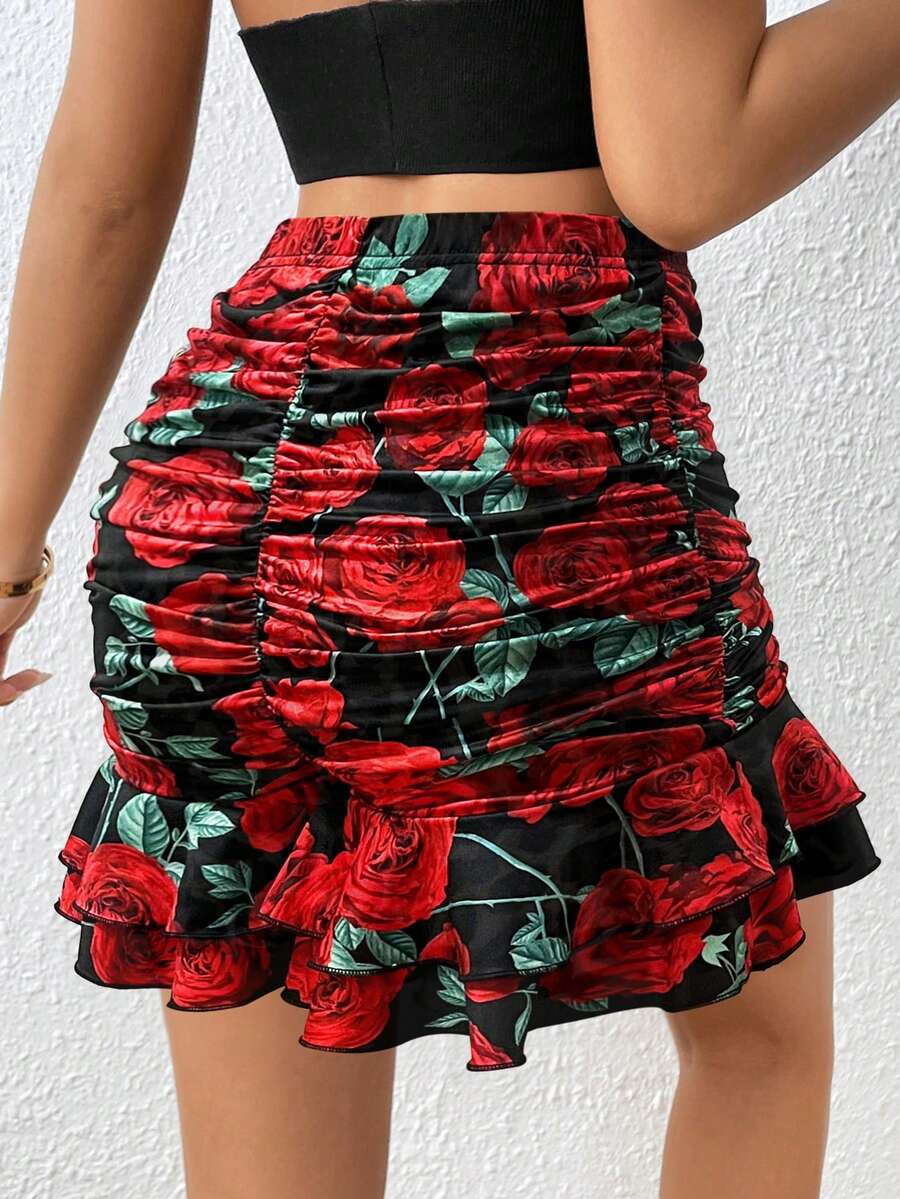 Black high waist ruched bodycon mini skirt featuring a tiered ruffle hem and skinny casual fit for women.