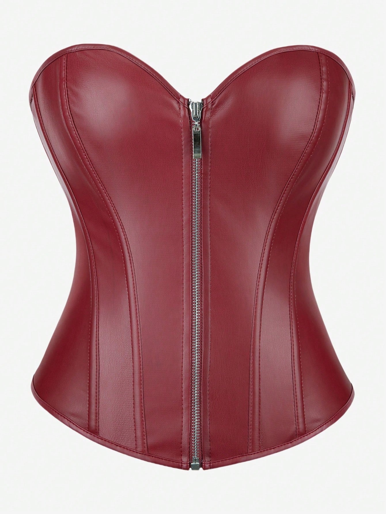 Black overbust corset bustier top featuring a front zipper, boned structure, and back tie grommets for waist shaping.