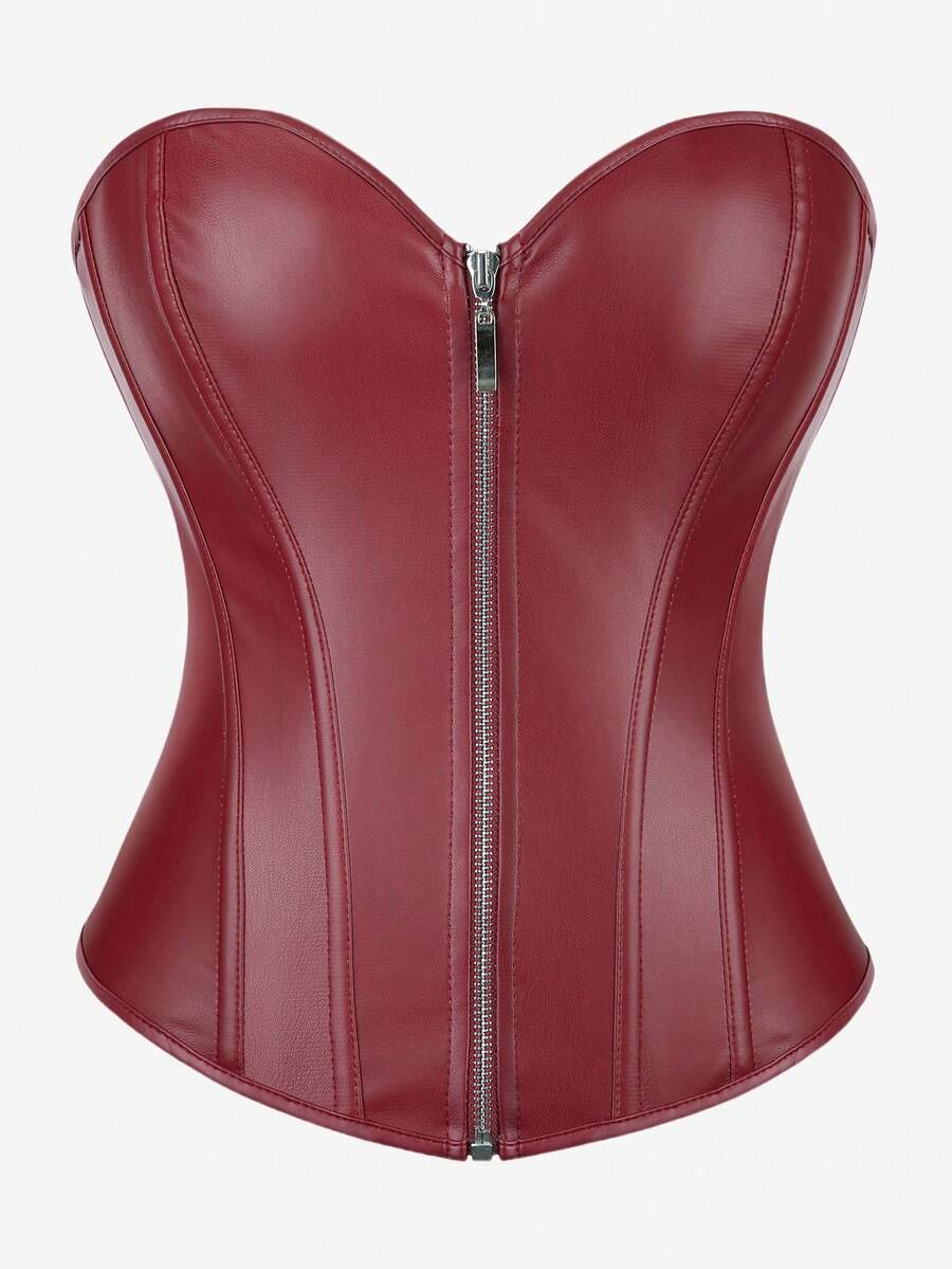 Black overbust corset bustier top featuring a front zipper, boned structure, and back tie grommets for waist shaping.