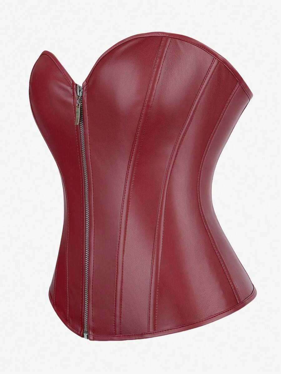 Black overbust corset bustier top featuring a front zipper, boned structure, and back tie grommets for waist shaping.