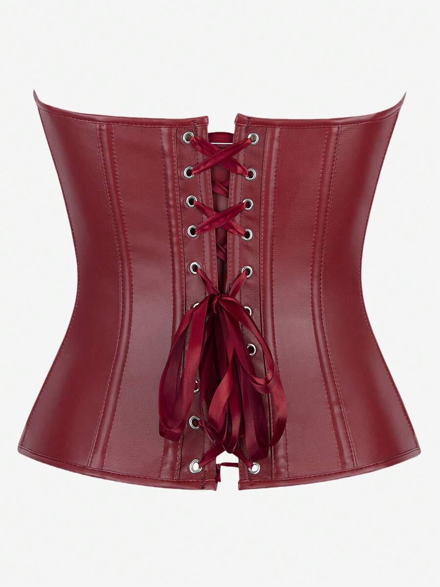 Black overbust corset bustier top featuring a front zipper, boned structure, and back tie grommets for waist shaping.