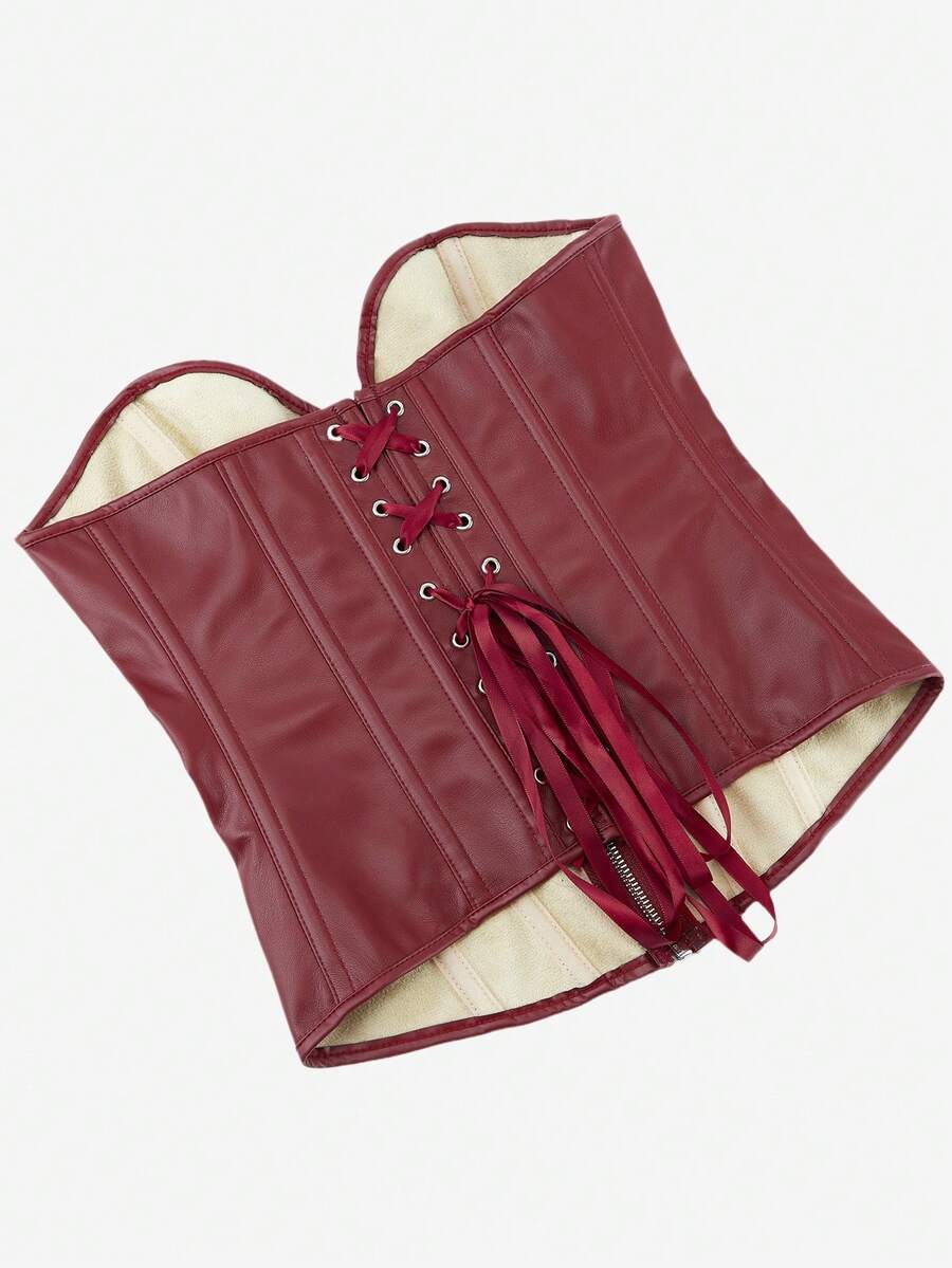 Black overbust corset bustier top featuring a front zipper, boned structure, and back tie grommets for waist shaping.