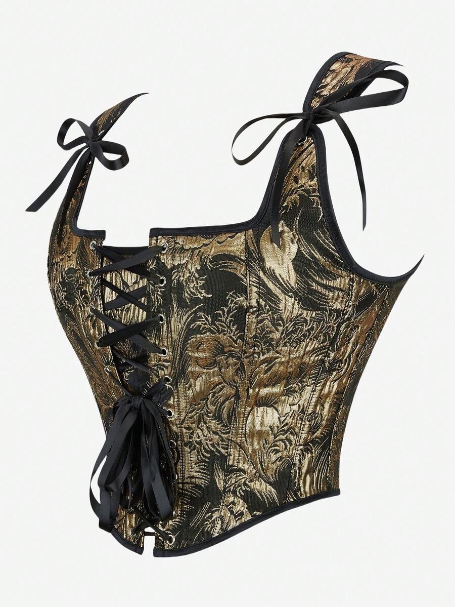 Women’s goth corset top in black with a lace-up back, sleeveless design, and structured bustier silhouette styled as outerwear.