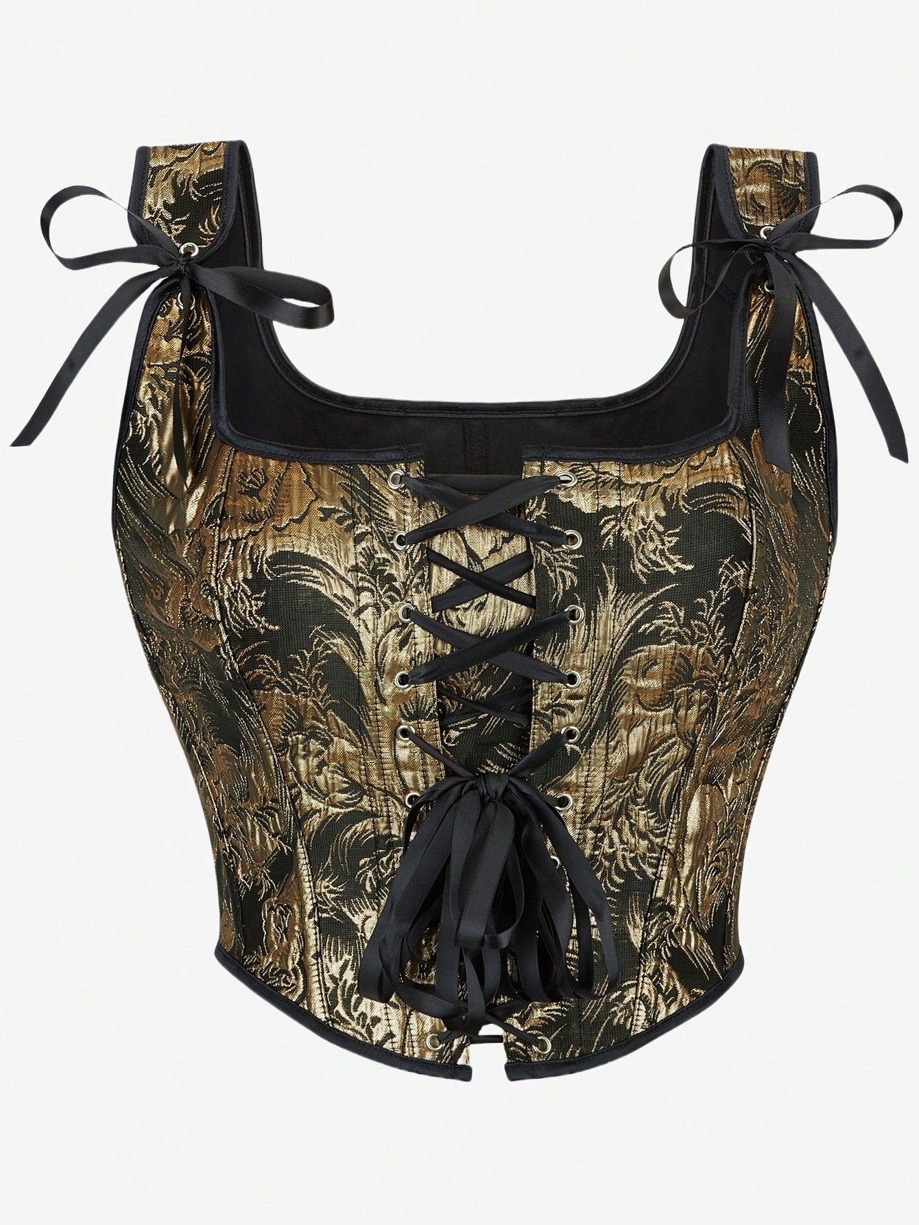 Women’s goth corset top in black with a lace-up back, sleeveless design, and structured bustier silhouette styled as outerwear.