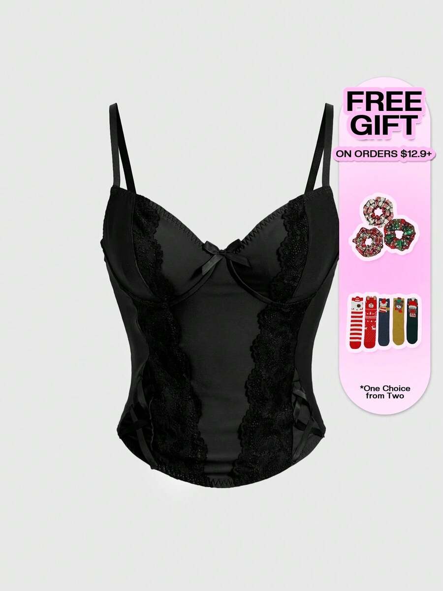 ROMWE women's black Goth Y2K contrast lace spaghetti strap cami crop top featuring bow details and waist tie decor.