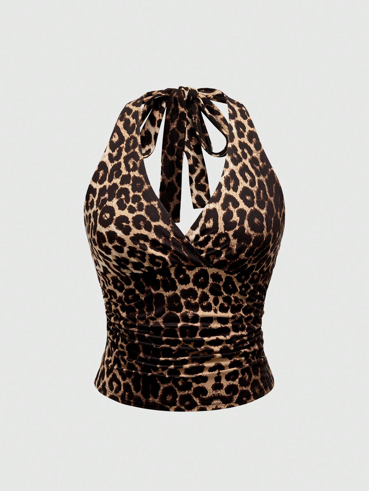 Women's halter crop tank top featuring a backless silhouette and ruched detailing in a slim fit design.