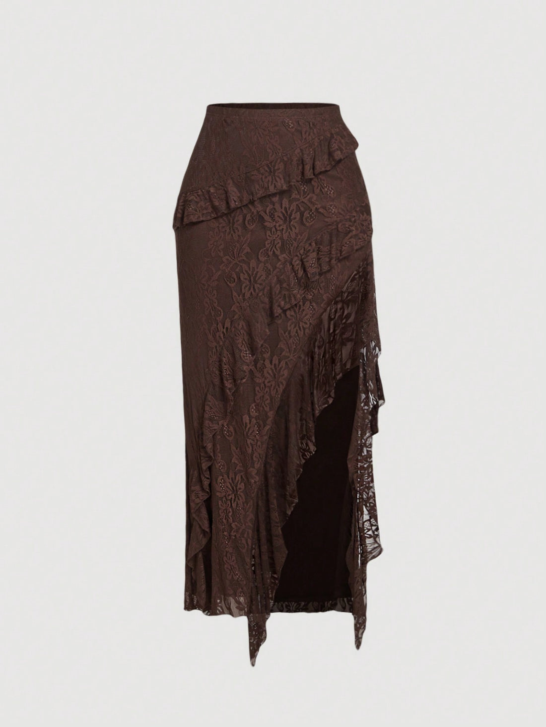 Women's brown ruffled lace midi skirt featuring high waist design and split thigh detail