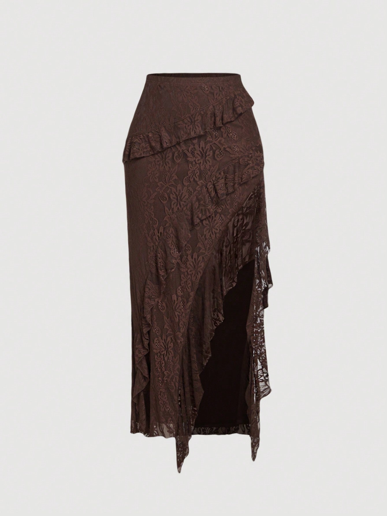 Women's brown ruffled lace midi skirt featuring high waist design and split thigh detail