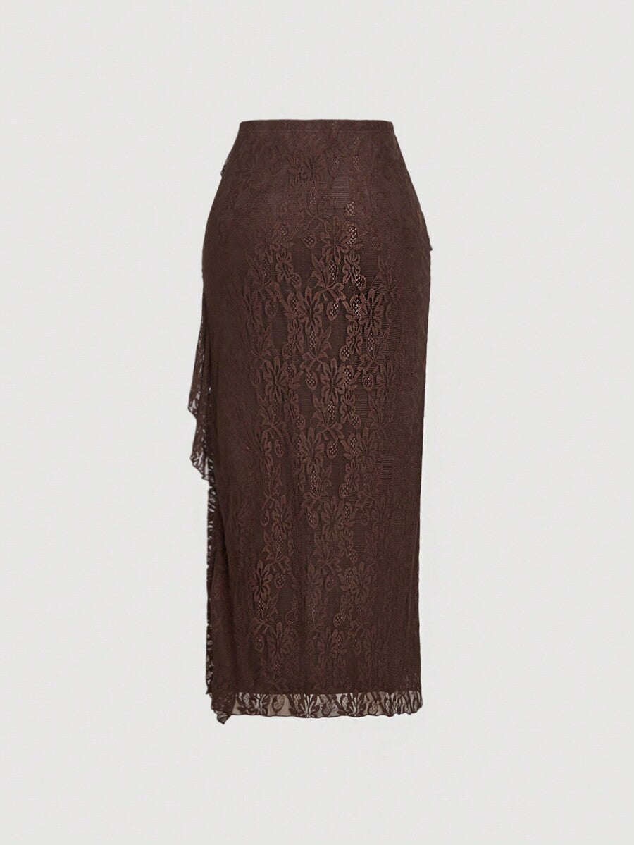 Women's brown ruffled lace midi skirt featuring high waist design and split thigh detail