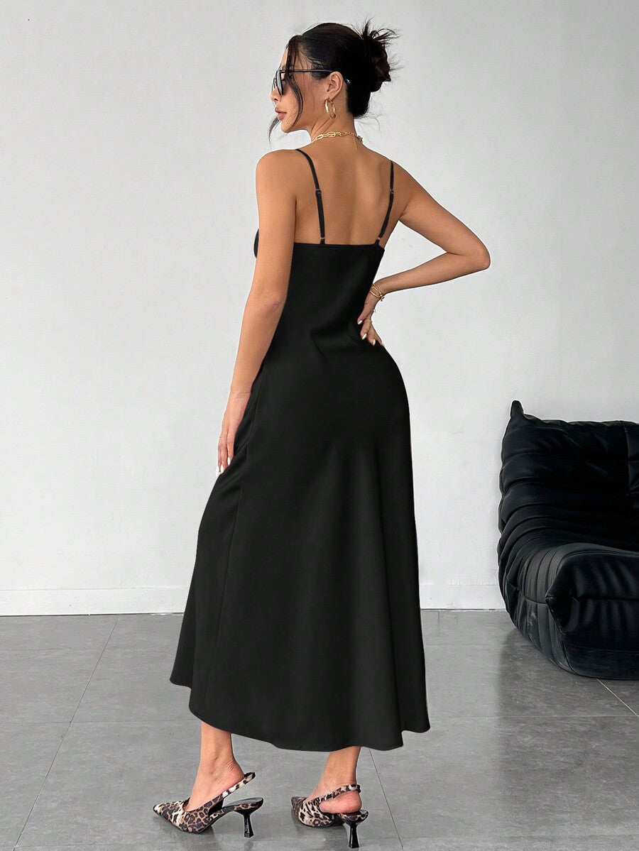 Women's long apricot satin cami dress featuring a draped swing collar, spaghetti straps, backless zipper back, and mermaid hem.