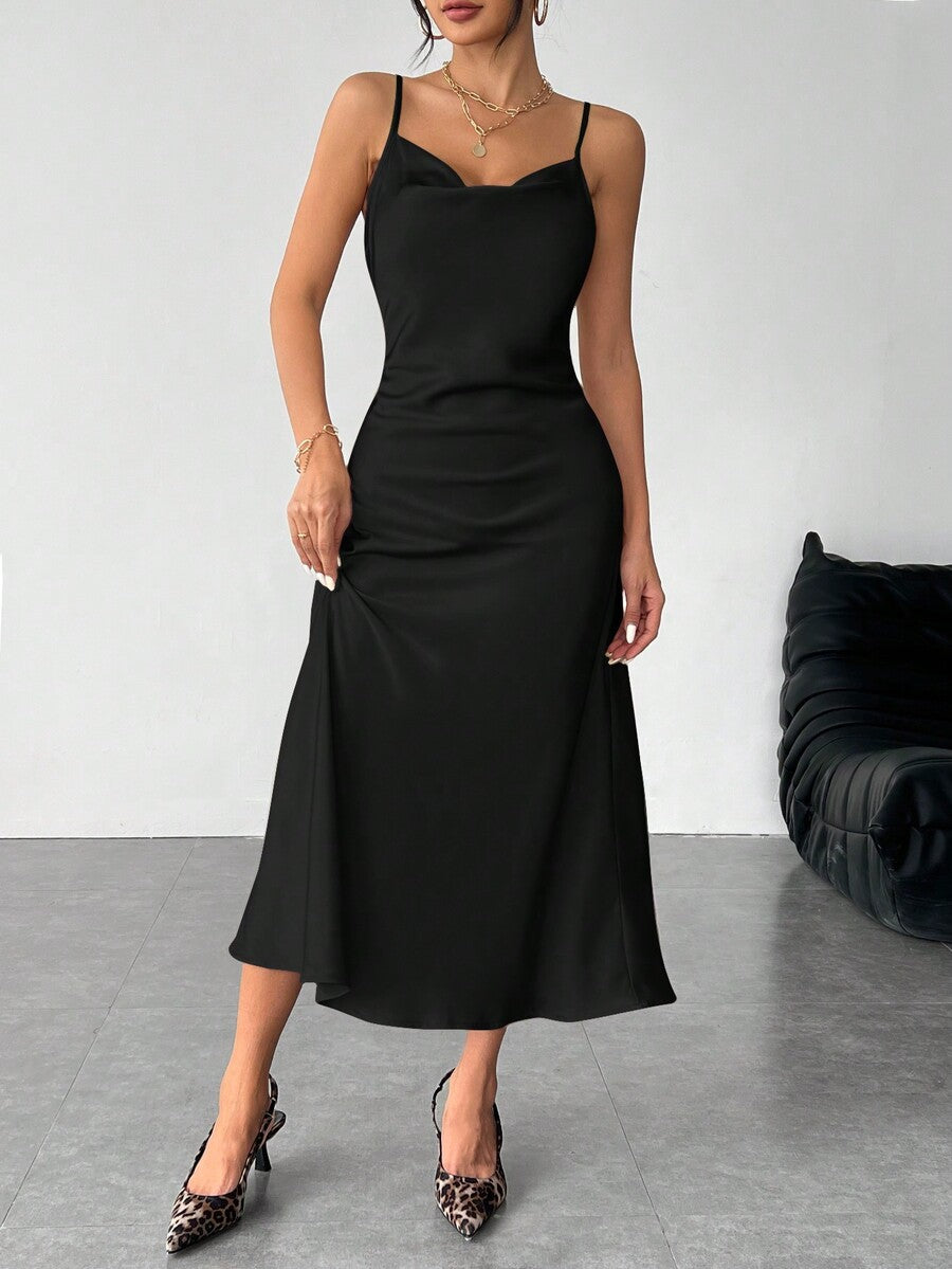 Women's long apricot satin cami dress featuring a draped swing collar, spaghetti straps, backless zipper back, and mermaid hem.