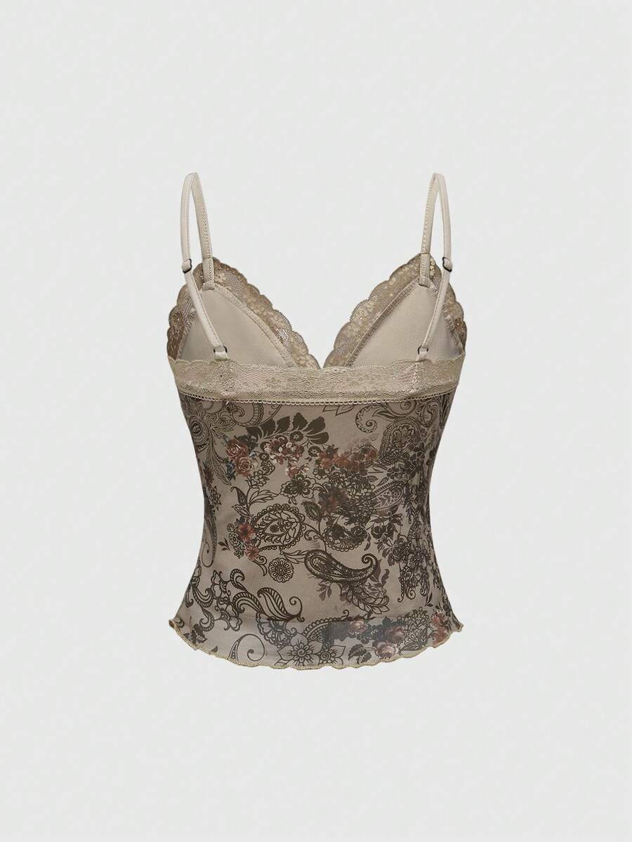 A women's sleeveless crop camisole featuring a vintage paisley print design with delicate lace trim along the neckline and thin spaghetti straps.