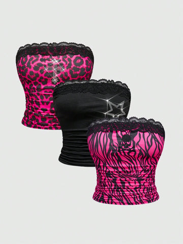 Hot pink strapless crop top set featuring contrast lace trim, ruched detailing, and rhinestone decor.