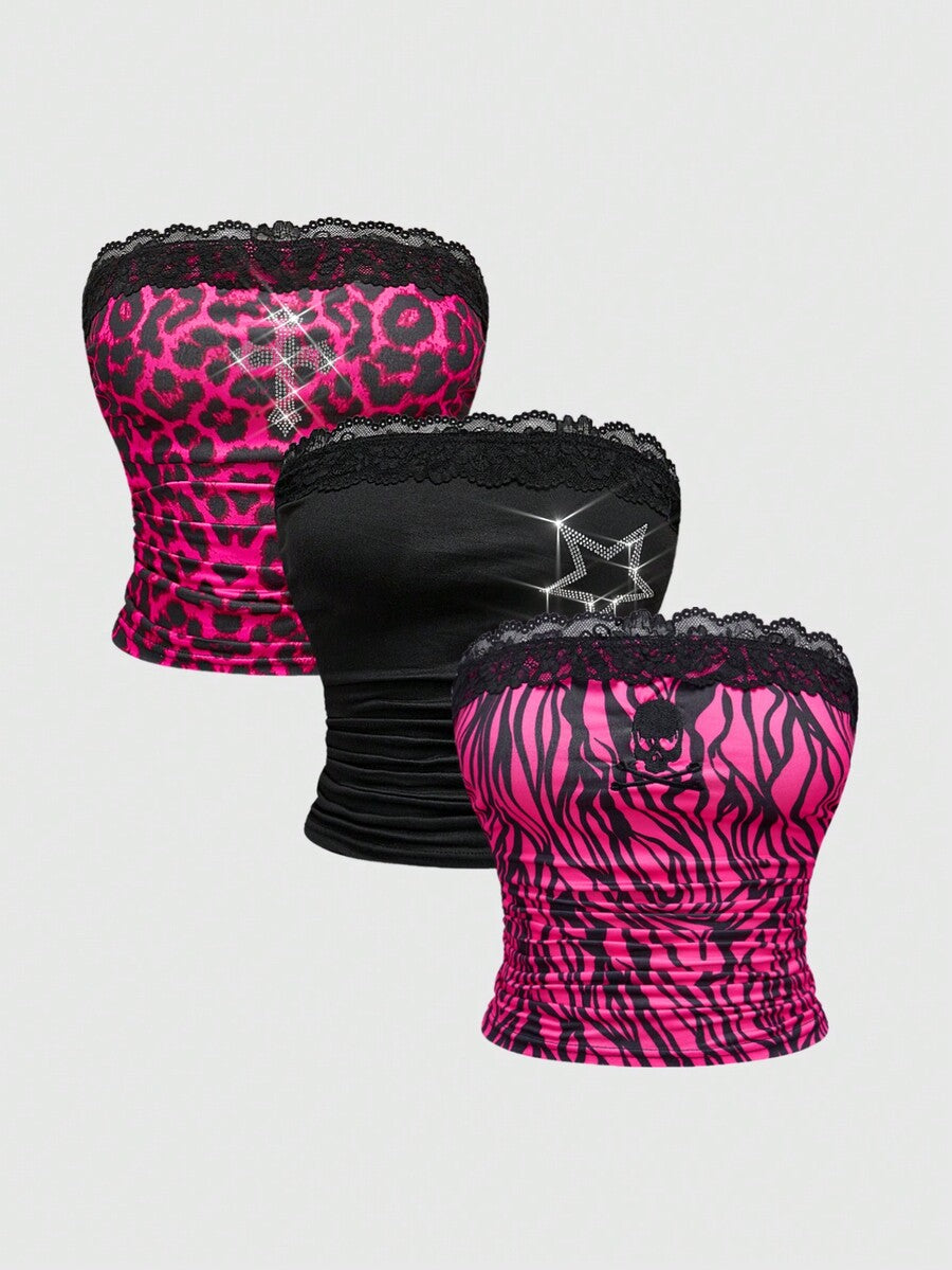 Hot pink strapless crop top set featuring contrast lace trim, ruched detailing, and rhinestone decor.